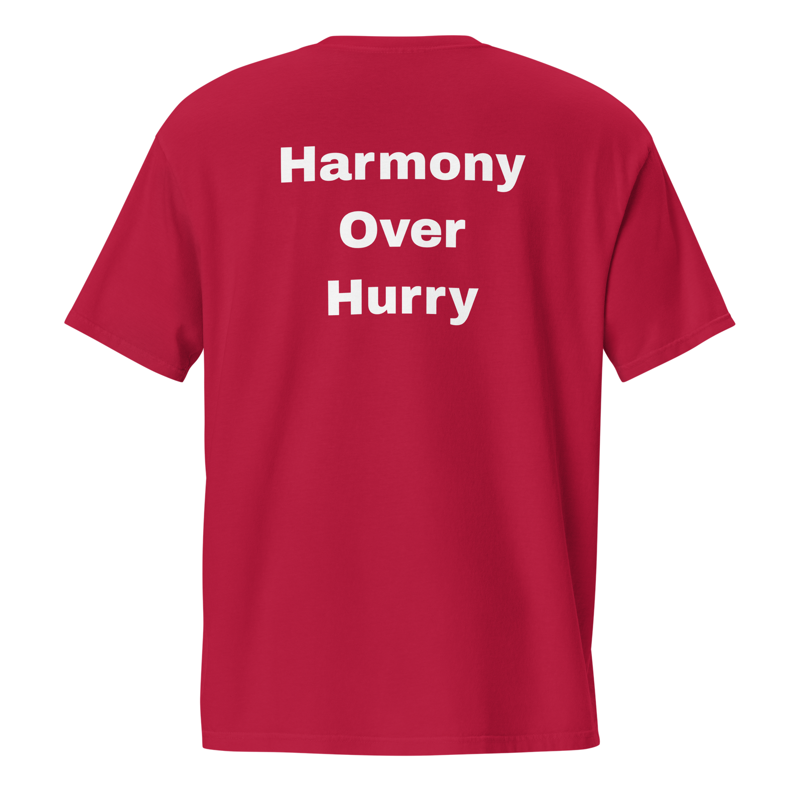 Harmony Over Hurry — unisex-garment-dyed-pocket-t-shirt-red-back-69ba6c14860c6-3.png